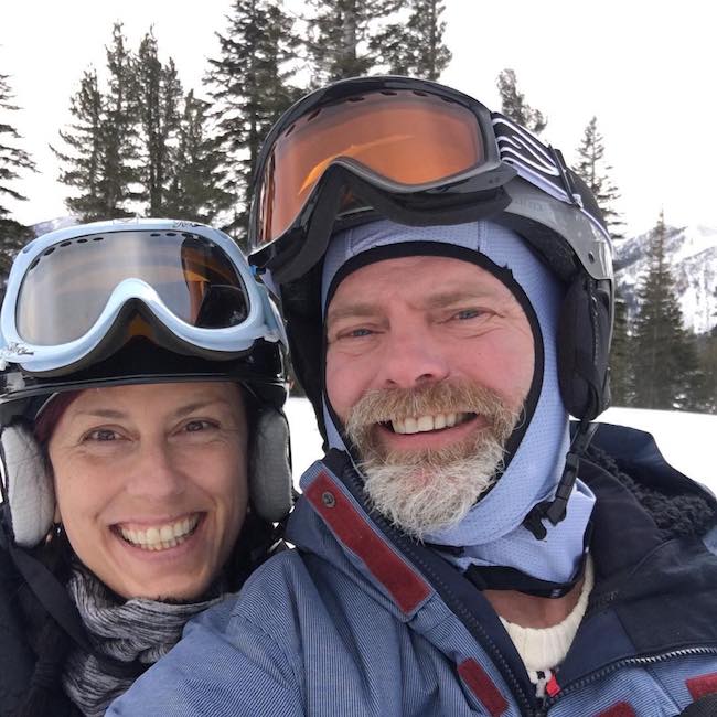 Rainn Wilson and Holiday Reinhorn skiing in February 2018