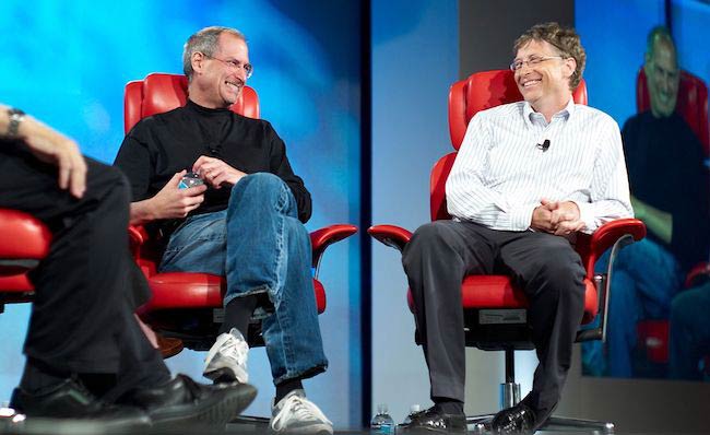 Steve Jobs and Bill Gates during an interview with Walter Mossberg and Kara Swisher in California in 2007