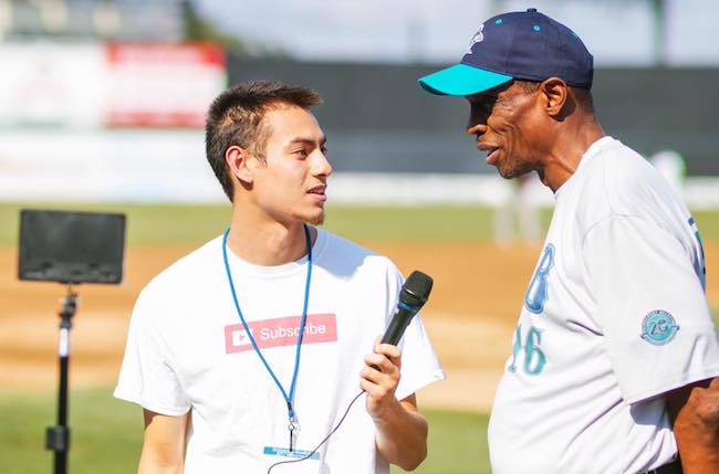 Tyler Boronski interviewing Doc Gooden at the Ballpark at Harbor Yard in Bridgeport CT before the start of the MLB Legends Exhibition Game in August 2017