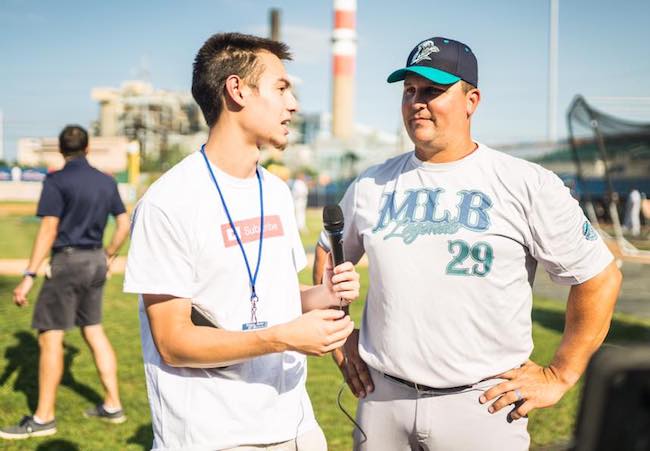 Tyler Boronski interviewing Keith Foulke at the Ballpark at Harbor Yard in Bridgeport CT before the start of the MLB Legends Exhibition Game in August 2017