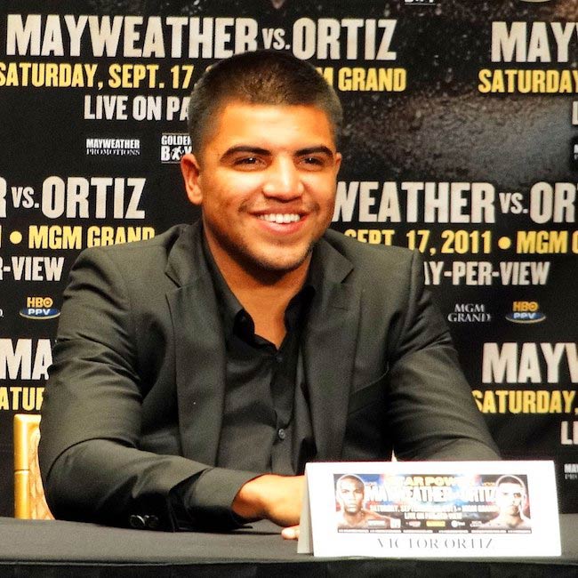 Victor Ortiz speaking with media during a press conference for the fight against Floyd Mayweather, Jr. in 2011