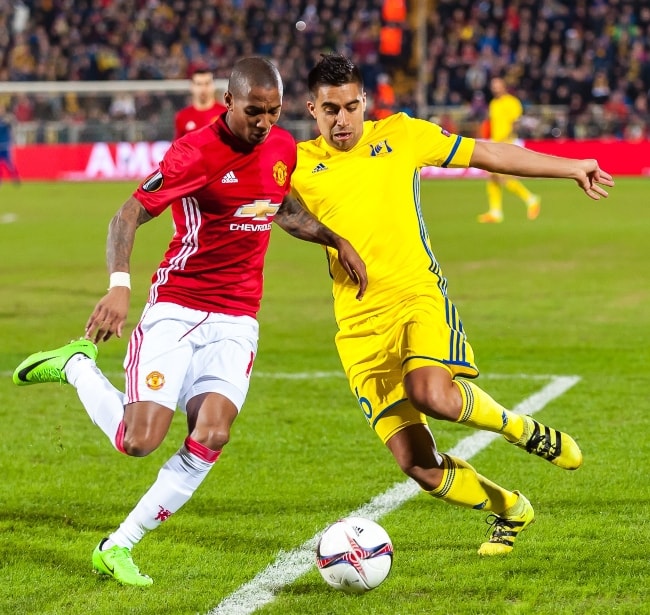Ashley Young (Left) during a UEFA Europa League match in Rostov, Russia in March 2017