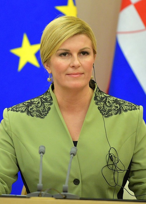 Croatian President Kolinda Grabar-Kitarovic talking with media after a discussion with Russian government in October 2017