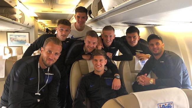 John Stones (sitting at the center) with his English teammates in June 2018