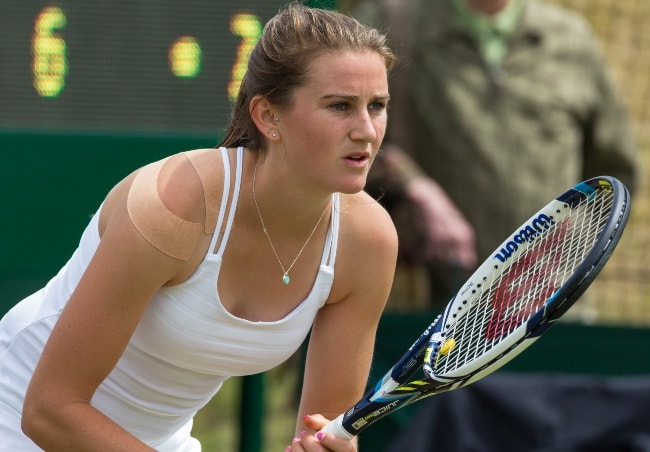 Katy Dunne competing in the first round of Wimbledon Qualifying Tournament in June 2015