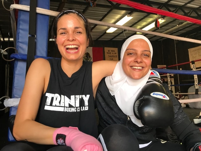 Lina Esco (Left) with Omnia Zaied at Trinity Boxing Club in LA in July 2018