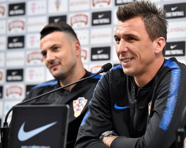 Mario Mandžukic interacting with media during a press conference in June 2018