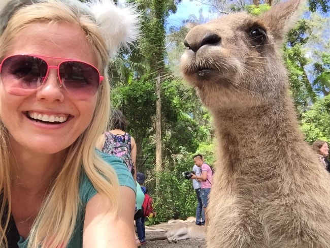 Meghan McCarthy in a selfie with a kangaroo in February 2015