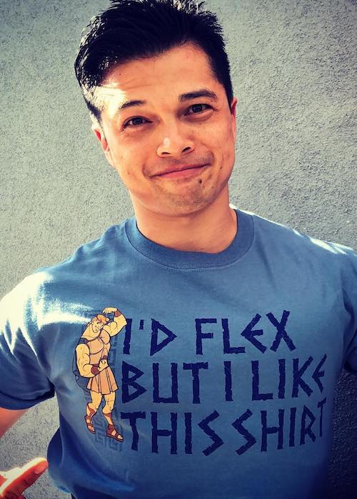 Vincent Rodriguez III wearing a t-shirt gifted by Donna Lynne Champlin in May 2018