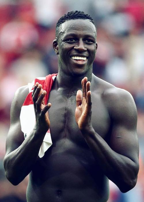 Benjamin Mendy shirtless as he celebrates the game victory in August 2018