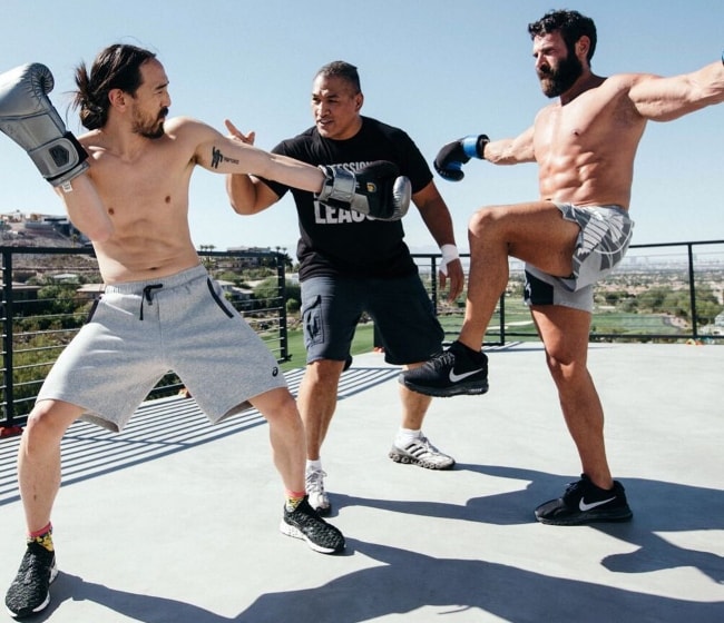 Dan Bilzerian with Steve Aoki (Left) and Sugar Ray Sefo (Center) in October 2017