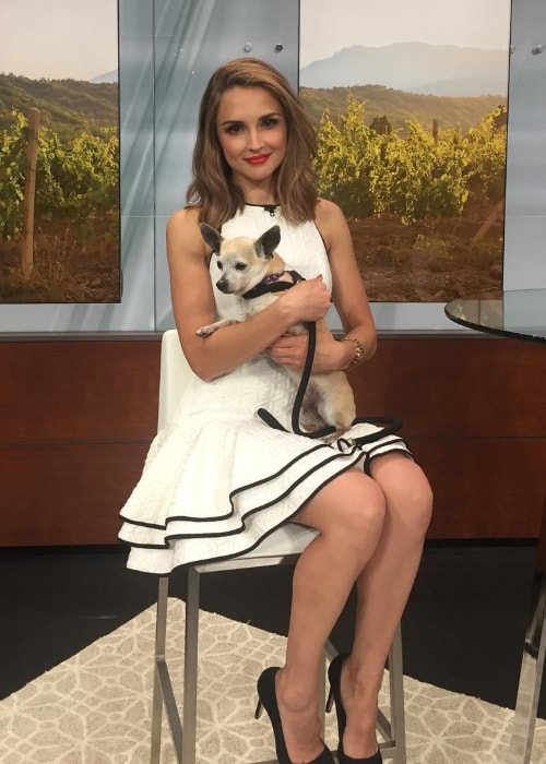 Rachael Leigh Cook holding a hold named Rocky in August 2017