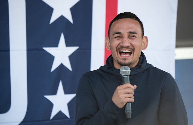 Max Holloway entertaining troops at Rota Naval Station in Spain in April 2018