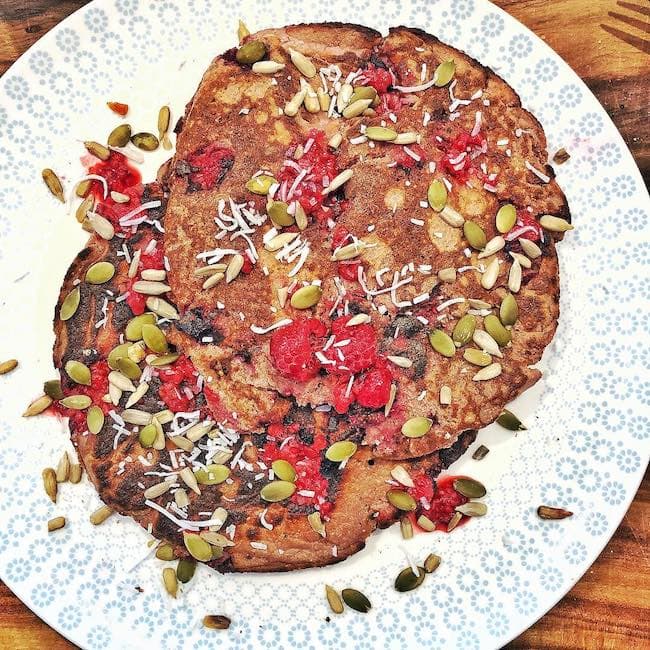 Ali Oetjen's cooked raspberry protein pancake in June 2018