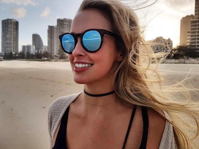 Alicia Banit at Gold Coast wearing Grown Sustainable Eyewear in December 2016