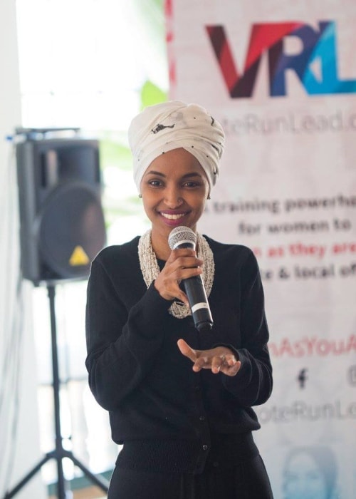 Ilhan Omar speaking at a VoteRunLead training in May 2018