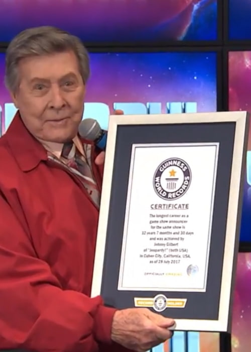 Johnny Gilbert being honored by the Guinness Book of World Records for having the longest career as a game show announcer in 2017