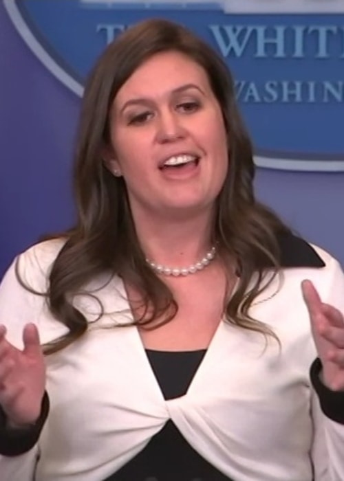 Sarah Huckabee Sanders at a press briefing in May 2017 addressing President Trump firing FBI Director James Comey