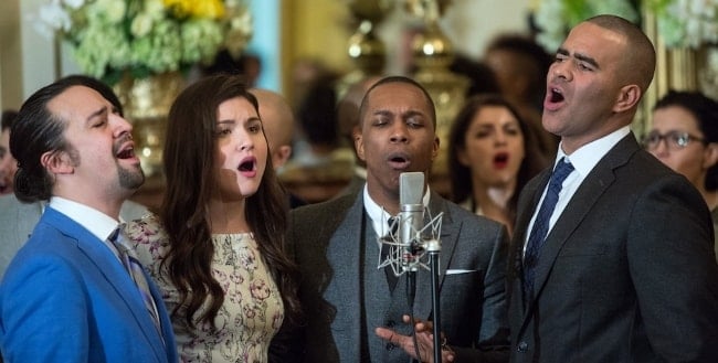 Leslie Odom Jr. (Second from Right) performing musical selections from the Broadway musical 'Hamilton' in the East Room of the White House, March 14, 2016