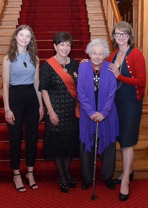 From Left to Right - Thomasin McKenzie, Dame Patsy Reddy, Dame Kate Harcourt, and Miranda Harcourt at a dinner celebrating the 125th anniversary of women's suffrage in New Zealand in August 2016