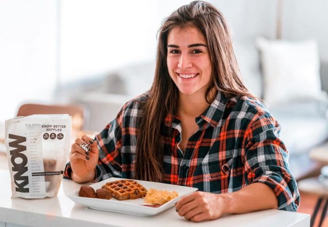 Lauren Fisher eating muffins and waffles as breakfast in November 2018
