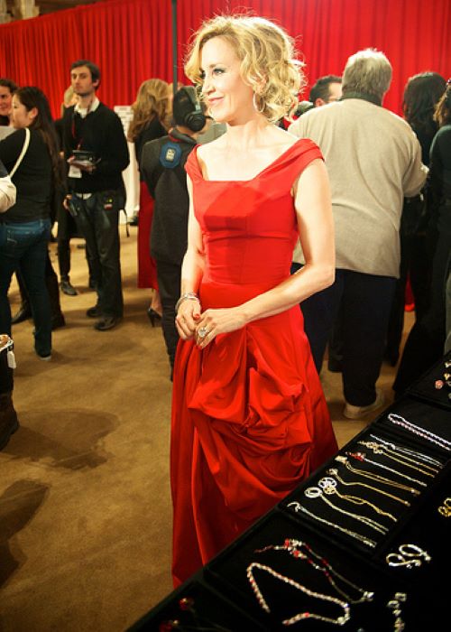 Felicity Huffman in Oscar de la Renta at the Swarovski accessories table for The Heart Truth's Red Dress Collection in 2010