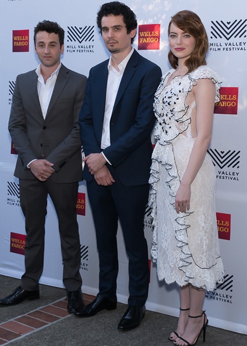 Justin Hurwitz with Emma Stone and Damien Chazelle at the 39th Mill Valley Film Festival