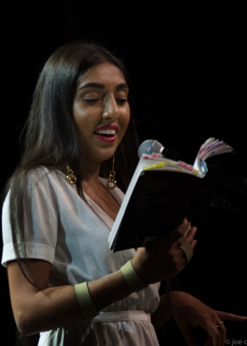 Rupi Kaur pictured in Vancouver, Canada during one of her performances during the 2017 world tour