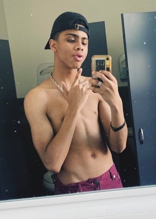 Bryce Xavier as seen while taking a shirtless mirror selfie in a bathroom in March 2019