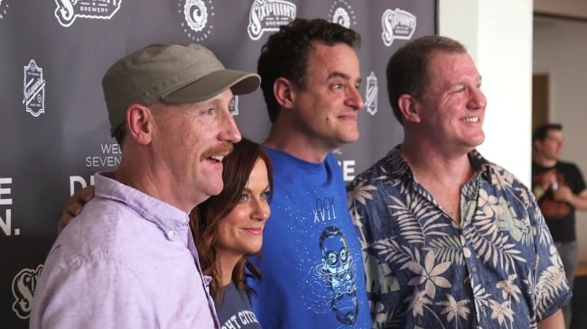 From Left to Right - Matt Walsh, Amy Poehler, Matt Besser, and Ian Roberts as seen while posing at the 17th annual Del Close Marathon in New York City, New York, United States in June 2015