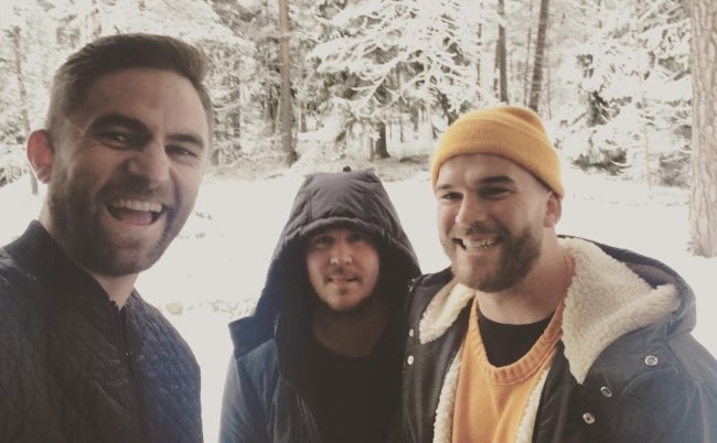Joel Little as seen while taking a selfie with Australian singer and songwriter, Jarryd James (Center), and Caleb Nott (from the musical duo, 'Broods') (Right), in Enskede, Stockholm, Sweden in February 2017