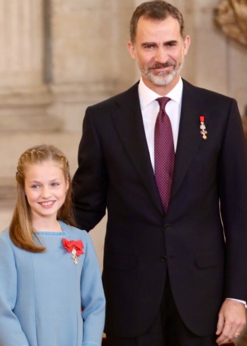 Leonor, Princess of Asturias as seen with her father, King Felipe VI, who has imposed the Collar of the Insigne Order of the Golden Fleece in January 2018