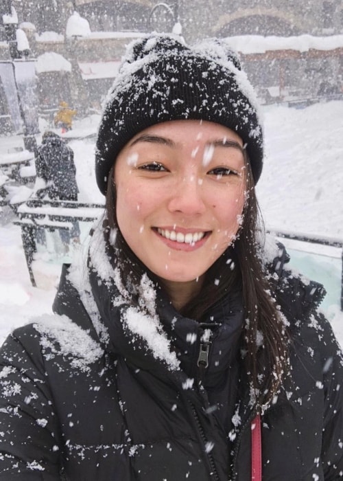 Natasha Liu Bordizzo as seen while taking a selfie during snowfall in South Lake Tahoe, El Dorado County, California, United States in February 2019