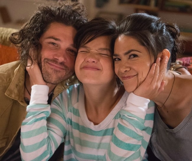 Trent Garrett as seen while posing for a picture with his co-stars on the show 'Andi Mack', Peyton Elizabeth Lee (Center) and Lilan Bowden, in October 2018