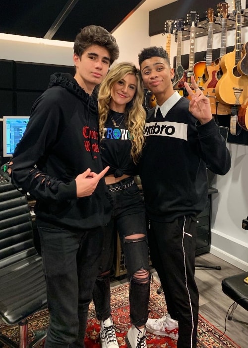 Casey Baer as seen while posing for a picture with social media personality Bryce Xavier (Right) and actor Lucas Stadvec (Left) in Los Angeles, California, United States in January 2019