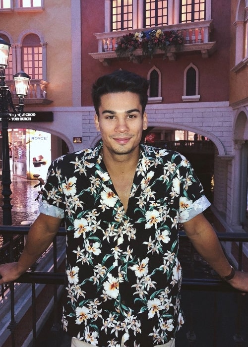 Drew Ray Tanner as seen while wearing a floral shirt and posing for the camera in Las Vegas, Nevada, United States in December 2018