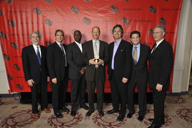 (From left to right) Cary Hoffman, Scott Bakula, Andre Braugher, Mike Royce, Ray Romano, Rory Rosegarten, and Horace Newcomb with a Peabody Award for their show Men of a Certain Age in May 2011