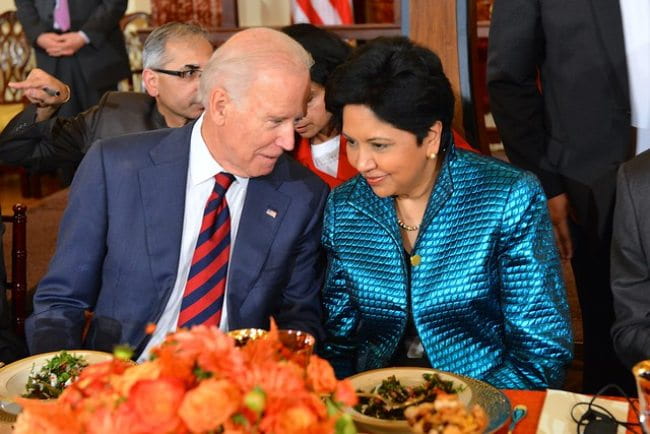 Indra Nooyi and Joe Biden as seen in September 2014