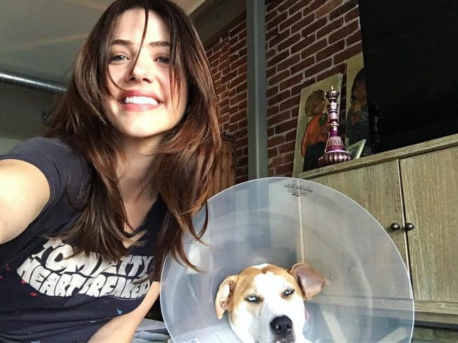 Julie Gonzalo in a selfie with her dog as seen in March 2019