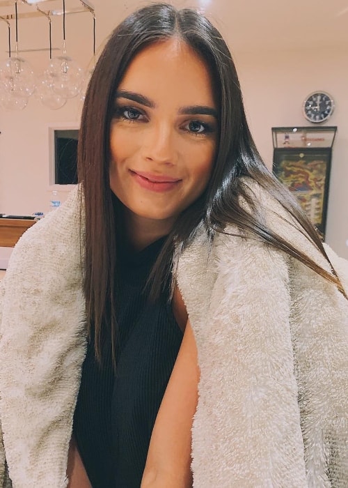 Natalie Noel as seen while posing for a picture while wearing a rug in Los Angeles, California, United States in March 2019