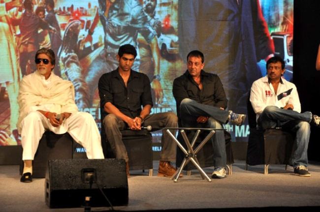 Rana Daggubati with co-stars Amitabh Bachchan, Sanjay Dutt, and director Ram Gopal Varma at the press conference of their film Department in May 2012