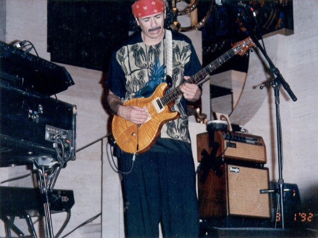 Carlos Santana while giving a performance in San Francisco, California in March 1992