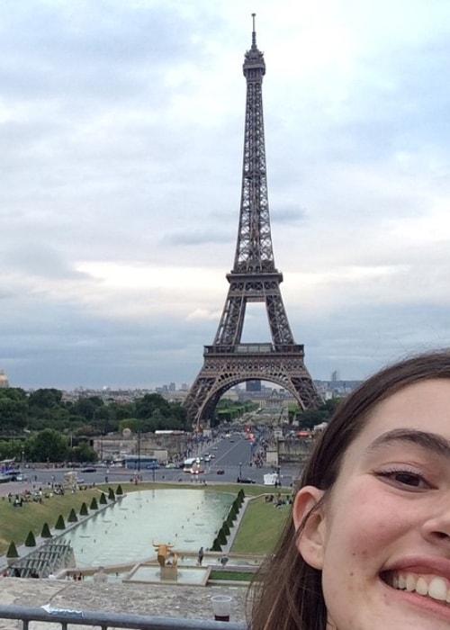 Diana Silvers as seen while taking a selfie in Paris, France with the Eiffel Tower in the backdrop in June 2015