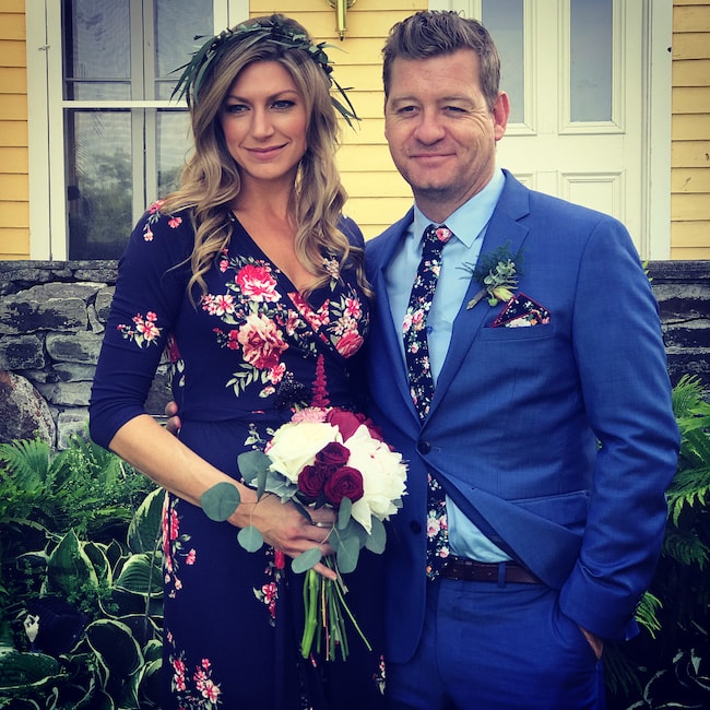 Jes Macallan with Nicholas Bishop during her younger sister's wedding in June 2018