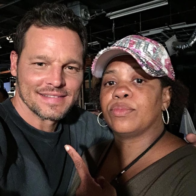 Justin Chambers as seen while posing for a picture with Chandra Wilson in August 2017