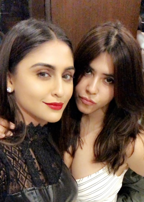 Krystle D'Souza as seen in a picture with television producer, film producer, and director Ekta Kapoor in June 2019