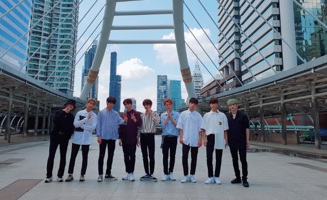 All the 'Stray Kids' members as seen while posing for a picture in April 2019