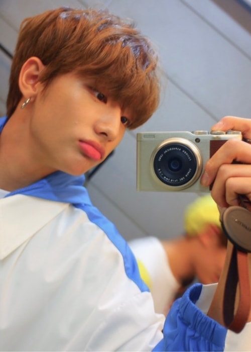 Hyunjin as seen while taking a mirror selfie in May 2019