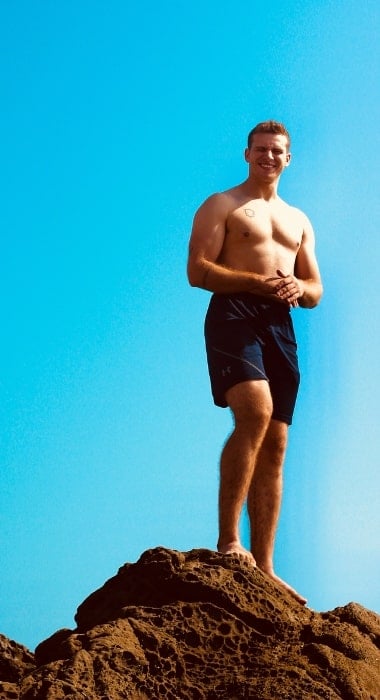 Oliver Stark as seen while posing shirtless for the camera while enjoying his time in Leo Carrillo, Malibu, California, United States in August 2018