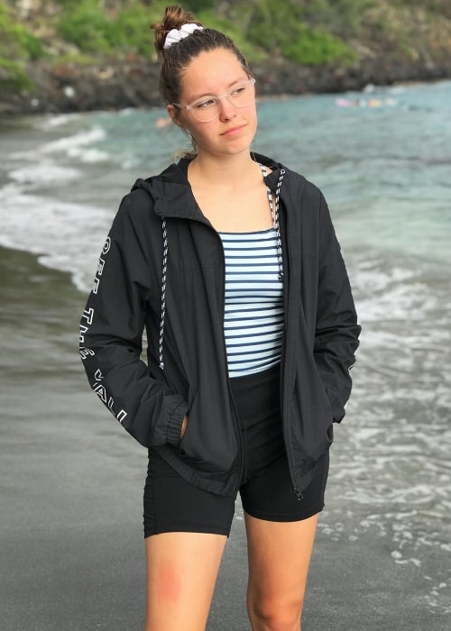 Peyton Coffee as seen while posing for a picture while standing by the beach in May 2019